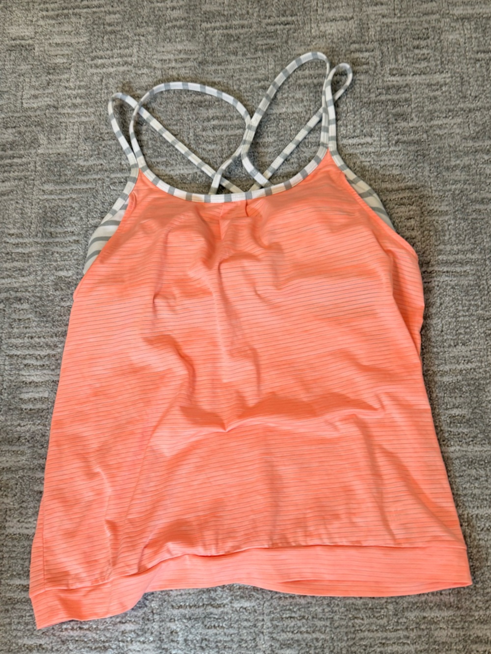 Athleta Coral Strappy Tank with Gray/White Stripe Detail